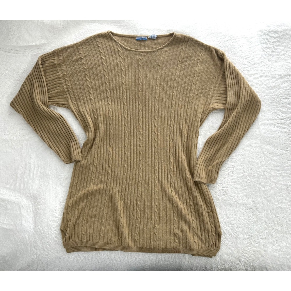 Vintage 90s Womens 1X camel acrylic cable knit tunic pullover nautical sweater